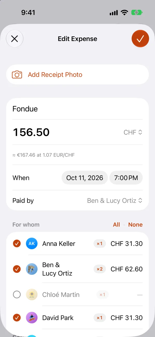 Editing an expense: Fondue, CHF 156.50, about €167.46, paid by Ben and Lucy Ortiz, split between four people by weight with Chloé left out.