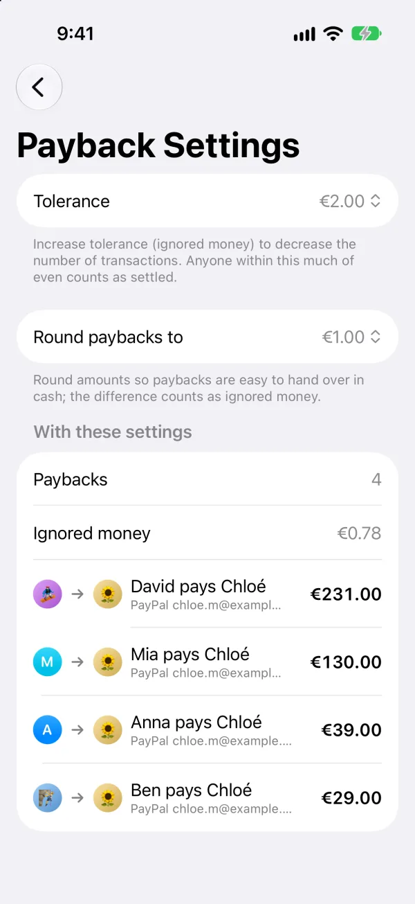 Payback settings: a tolerance of €2.00 and paybacks rounded to €1.00 give 4 paybacks with €0.78 of ignored money.