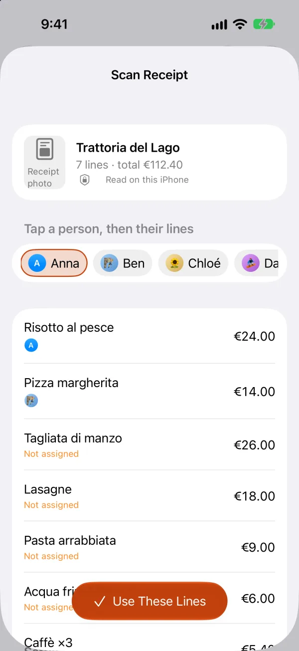 A scanned receipt from Trattoria del Lago: 7 lines totalling €112.40, read on the iPhone, with each line assigned to the people who had it.